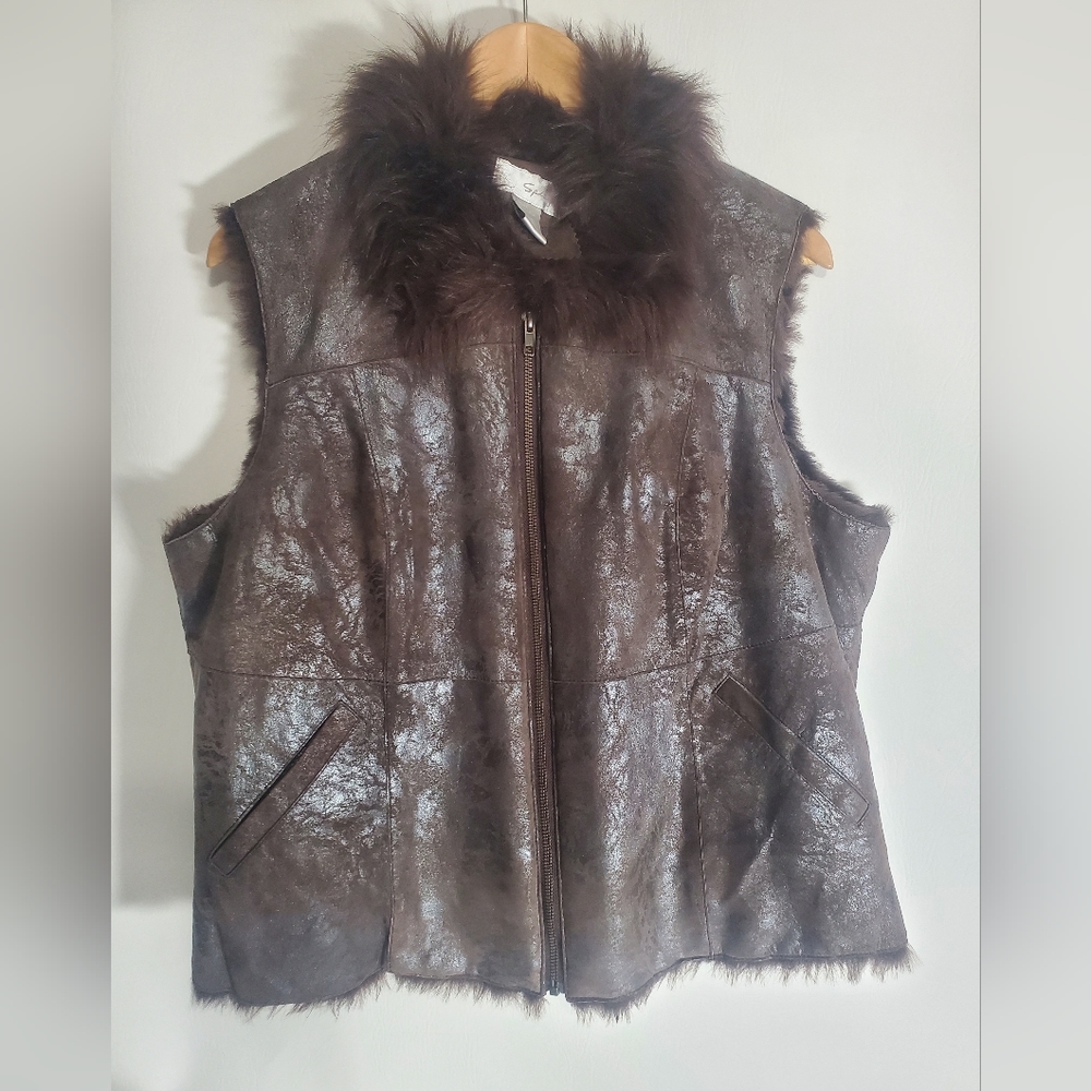 Vintage Women's Vest Brown Suede Leather/Faux Fur XL - Picture 3 of 9
